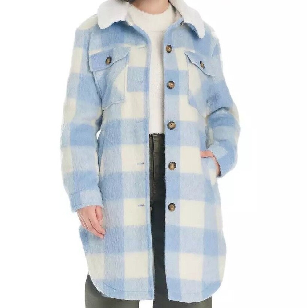 Koolaburra by Ugg Jacket L Shacket Sherpa Collar Faux Wool Sky Blue Plaid $140